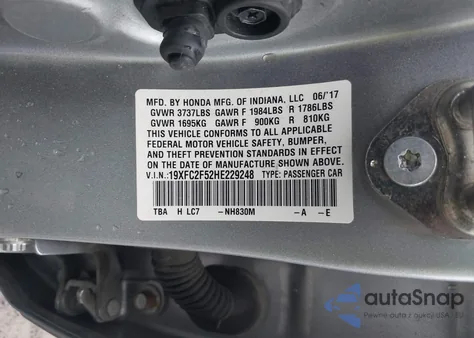 2017 Honda Civic Lx from USA, damaged, VIN 19XFC2F52HE229248